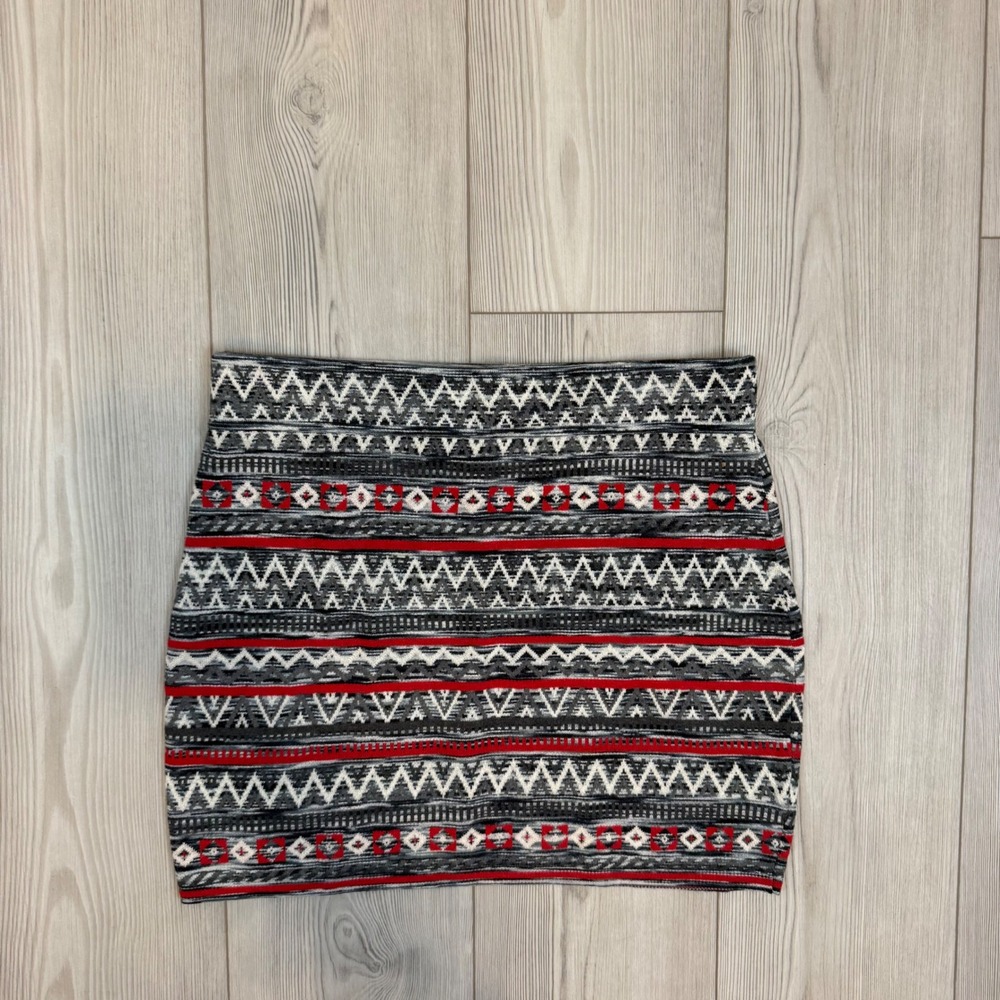 Krimson Klover Fair Isle Knit Mini Skirt Red Black Grey Geometric Stretch Medium
